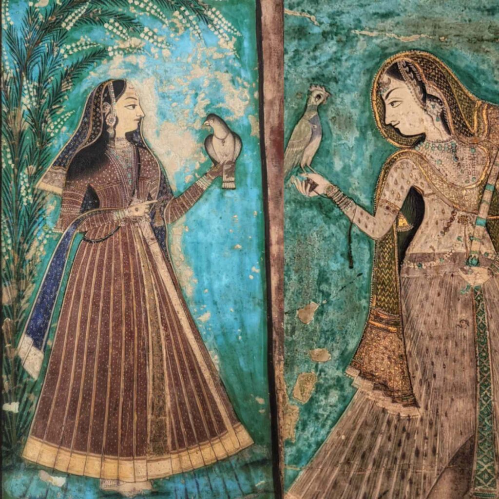 Miniature portraits from Bundi Chitrashala depicting royal Rajput women in traditional attire, showcasing intricate details and the elegance of Rajasthan's artistic heritage.