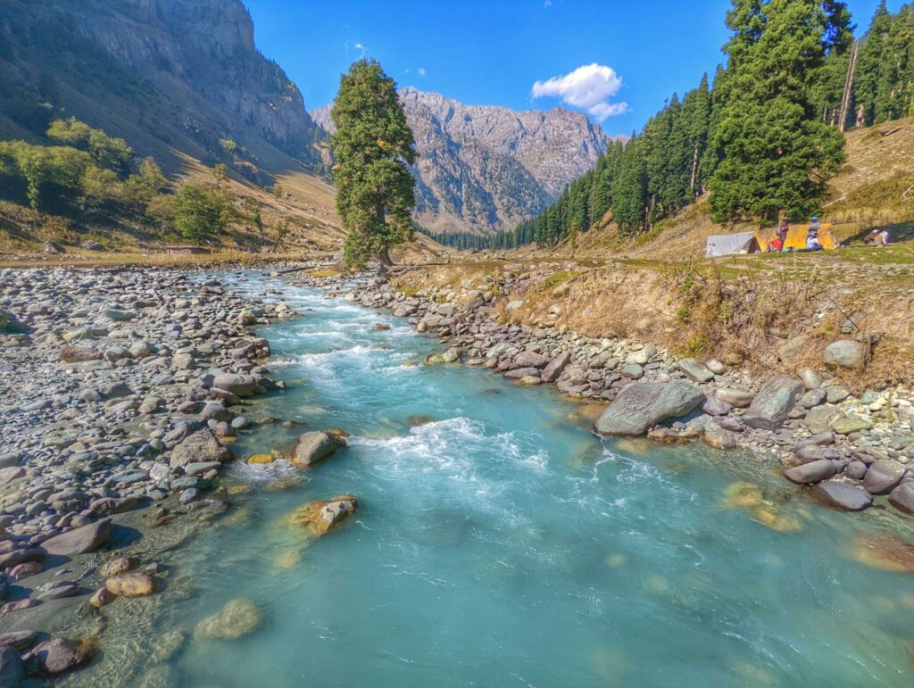 The crystal-clear Lidder River meandering through the picturesque Aru Valley in Kashmir, surrounded by lush meadows, dense forests, and towering Himalayan peaks.