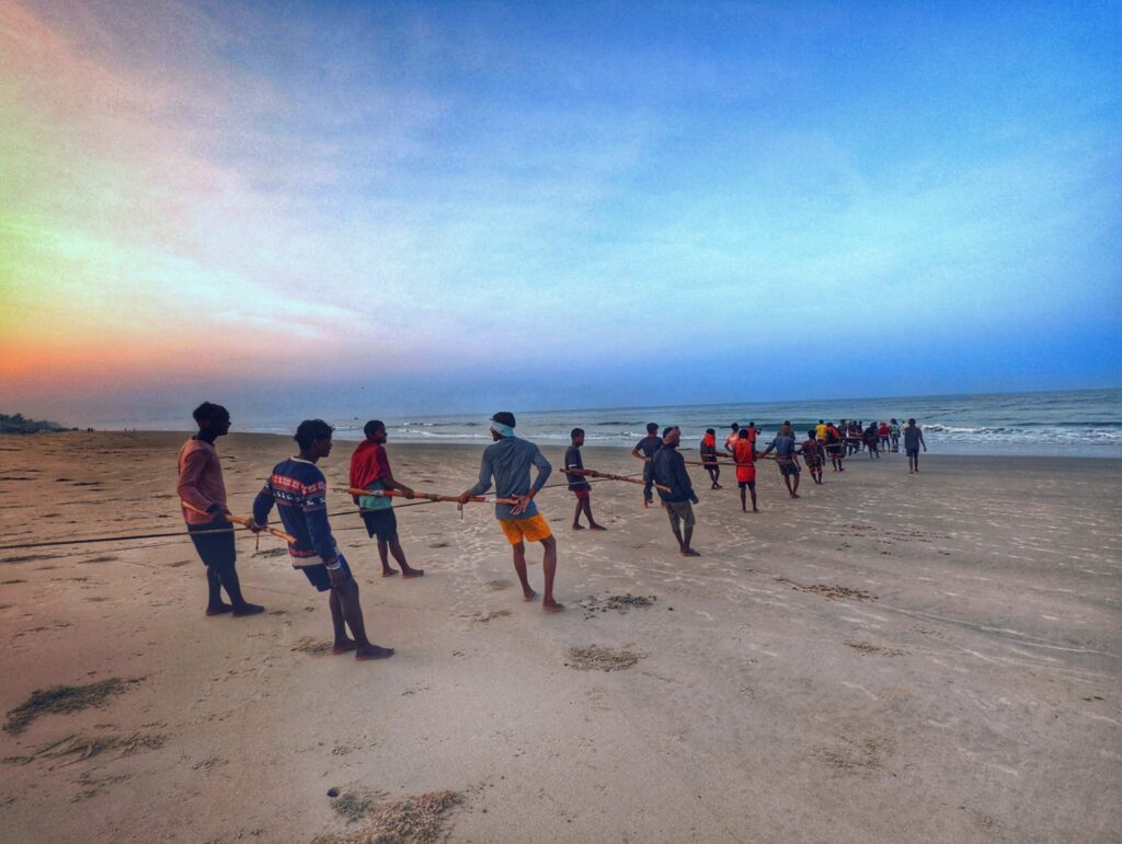 Early morning view of local fishermen in South Goa engaging in fishing activities on the beach at 6 AM, showcasing the serene coastal life and traditional practices.