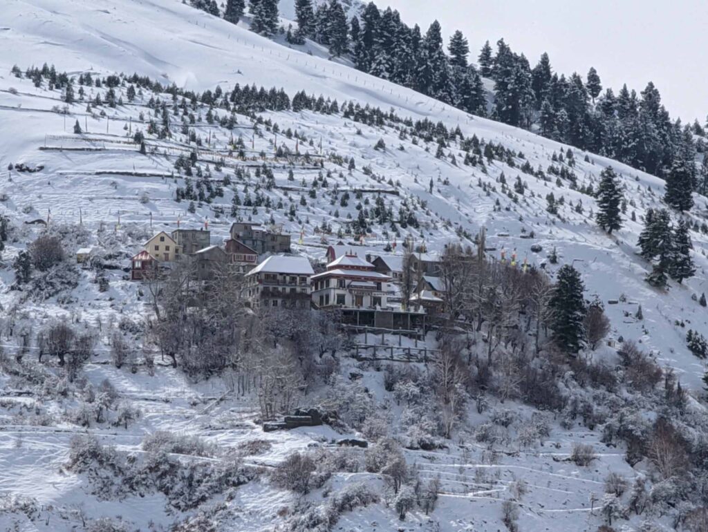 View of Kardang Monestry, Lahaul valley, Himachal Pradesh.
Monastery is nestled in the snowy mountains.