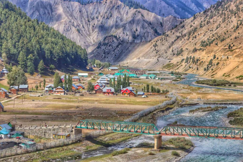 Quiet village scene in Husangam, Tulail Valley, featuring rustic wooden houses, lush pastures, grazing livestock, and forested hills and river stream.