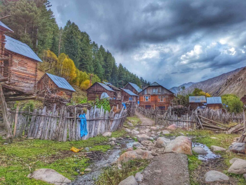 Traditional wooden houses in Angaikot Village, nestled in lush green meadows of Tulail Valley