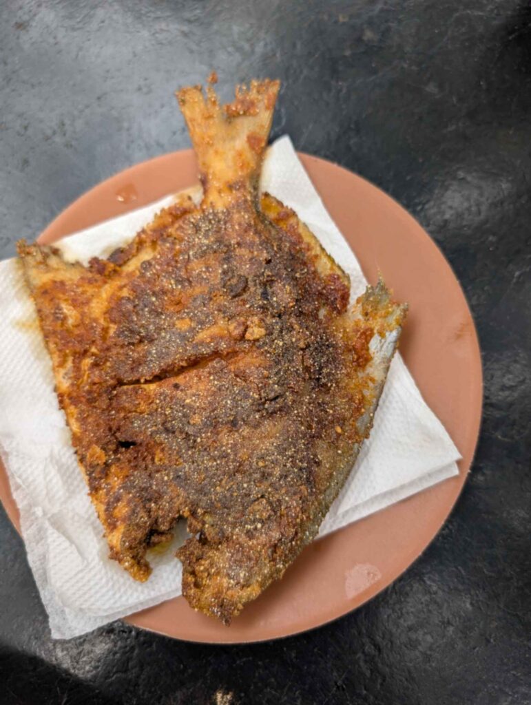 Paplet (Pomfret) rava fry – crispy on the outside but delicate inside.
