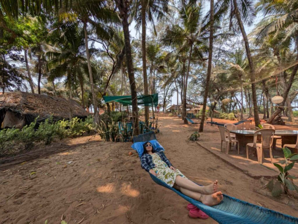Chilling in the hammock under coconut trees at Aapa's Coconut garden homestay, Talashil, Malvan